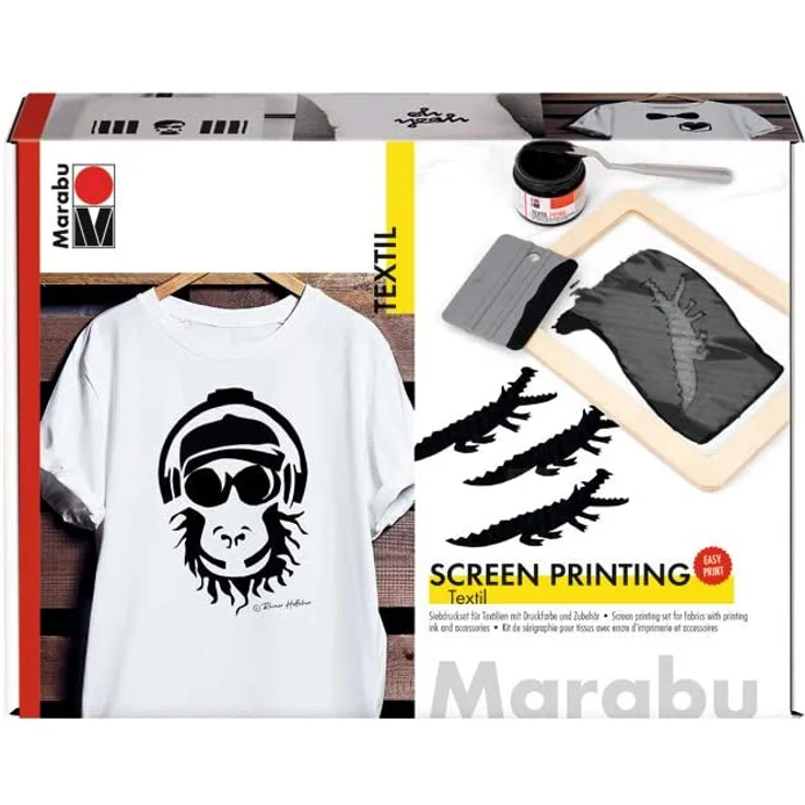 Marabu 1703000000082 - Textil Screen Printing Set, Siebdruckset für helle und dunkle Textilien mit 100 ml Druckfarbe in schwarz, einem Siebrahmen, einem Rakel und einem Malmesser – Bild 1