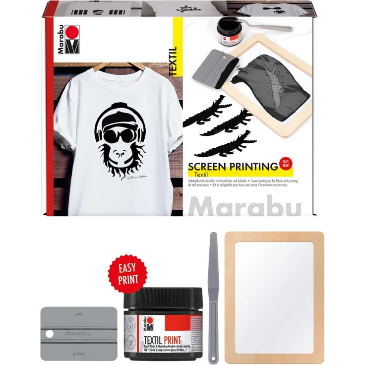 Marabu 1703000000082 - Textil Screen Printing Set, Siebdruckset für helle und dunkle Textilien mit 100 ml Druckfarbe in schwarz, einem Siebrahmen, einem Rakel und einem Malmesser – Bild 2