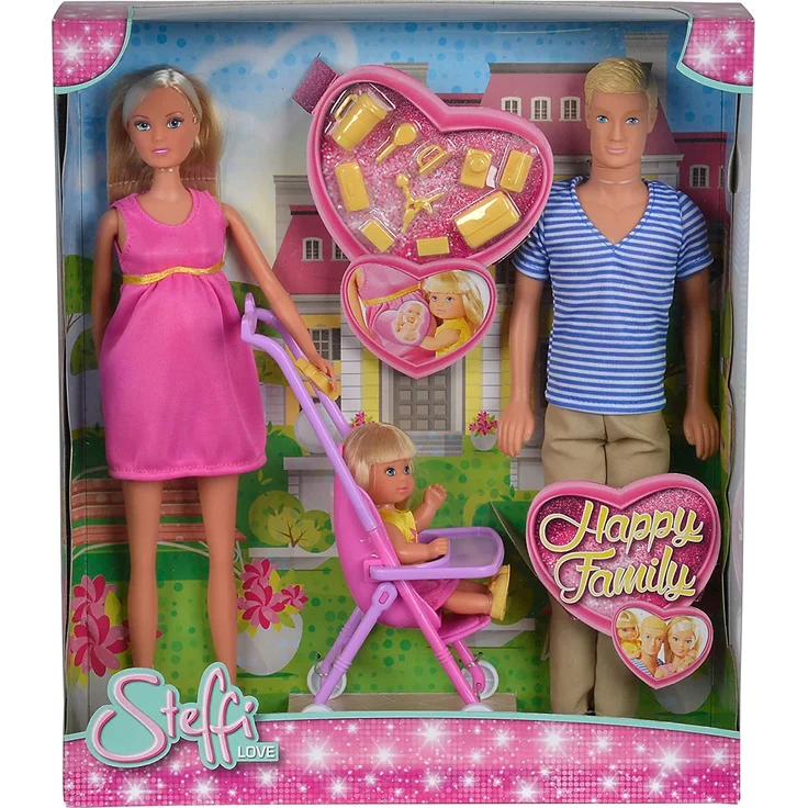 Simba 105733200 - Steffi Love Happy Family /schwangere Puppe / mit Freund Kevin, Schwester Evi Love und Baby / mit Kinderwagen / Zubehör / Ankleidepuppe, für Kinder ab 3 Jahren – Bild 5