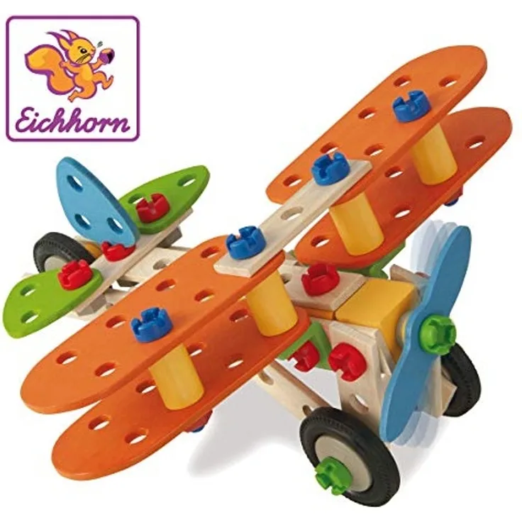 Eichhorn 100039031 - Constructor Doppeldecker, Holz-Konstruktions-Set, 4 verschiedene Modellvarianten baubar, FSC 100% Zertifiziertes Buchenholz,90-tlg, Made in Germany