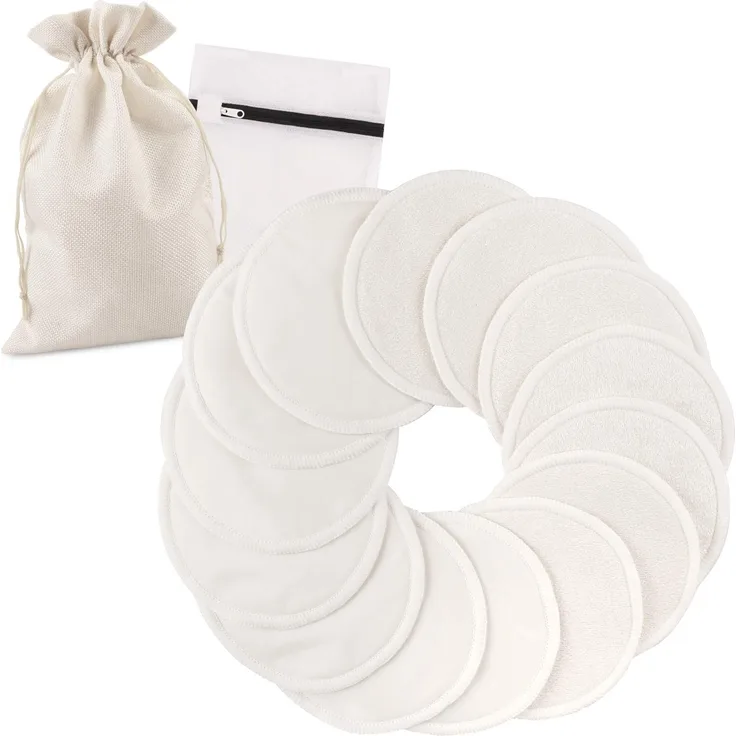 Waschbare Bio Bambus Stilleinlagen (14er Pack) | Wiederverwendbare Brustpolster | Modisch, Saugfähig, Hypoallergisch, Saugstark und Groß | INKLUSIVE Wäschesack und Speicher-Beutel
