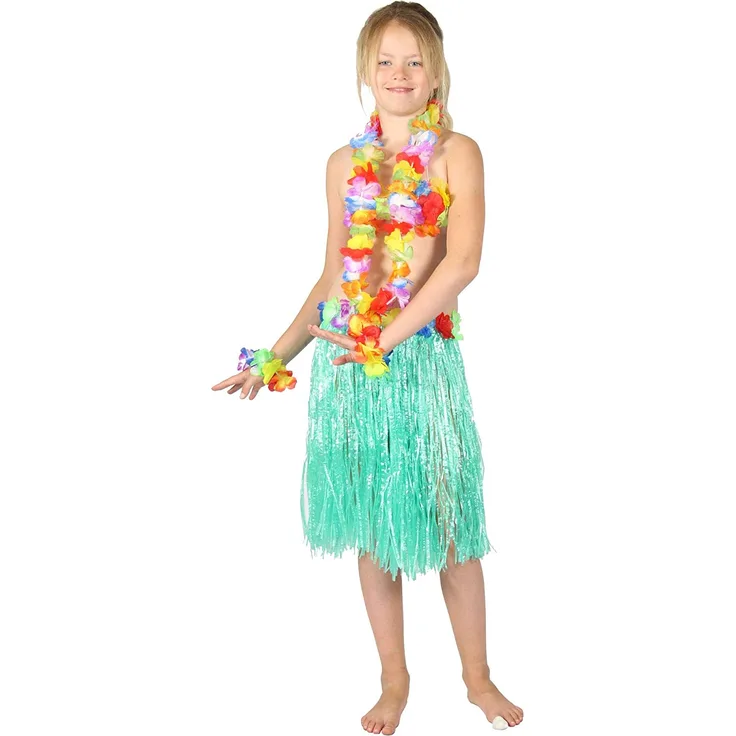Foxxeo Hawaii Set für Kinder 5 Teile türkis Hula Blumen Kette Party Bast Rock Strand