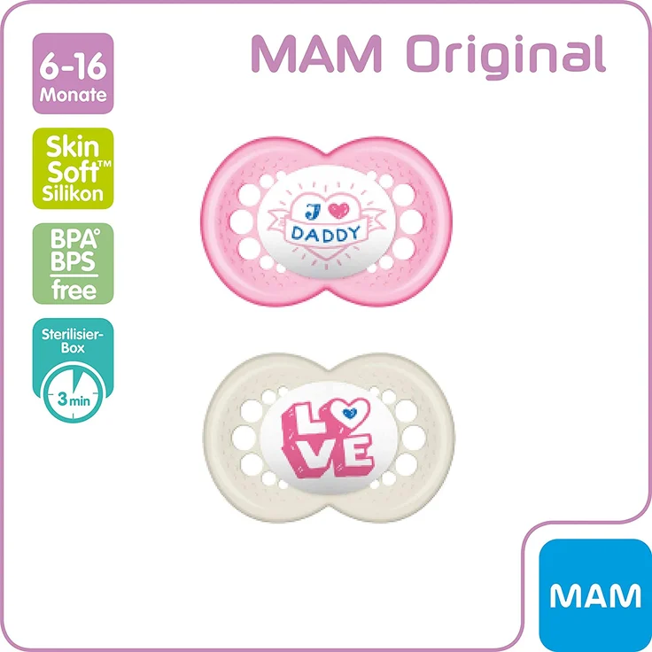 MAM Original Silikon Schnuller im 2er-Set, zahnfreundlicher Schnuller, Baby Schnuller aus speziellem MAM SkinSoft Silikon mit Schnullerbox, 6 - 16 Monate, rosa – Bild 3