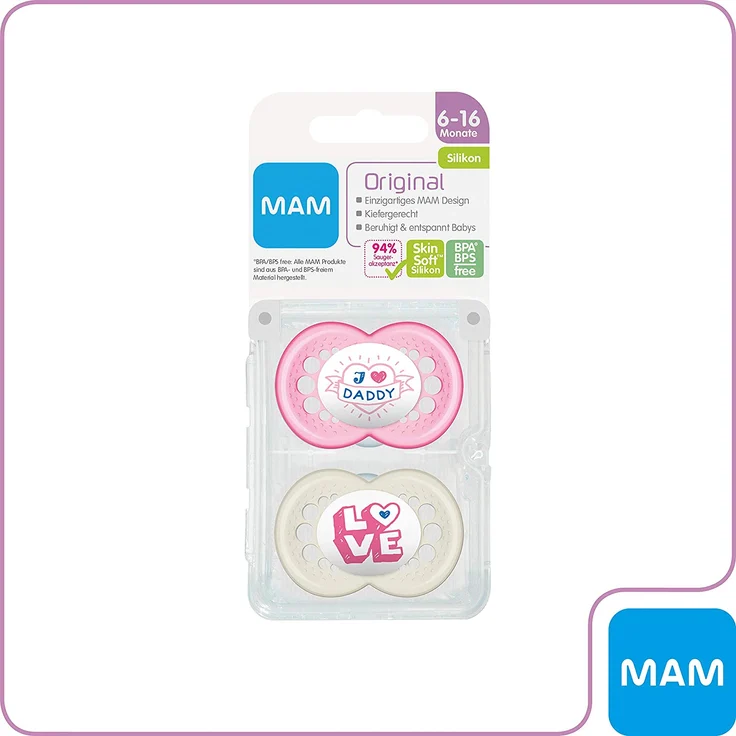 MAM Original Silikon Schnuller im 2er-Set, zahnfreundlicher Schnuller, Baby Schnuller aus speziellem MAM SkinSoft Silikon mit Schnullerbox, 6 - 16 Monate, rosa – Bild 2