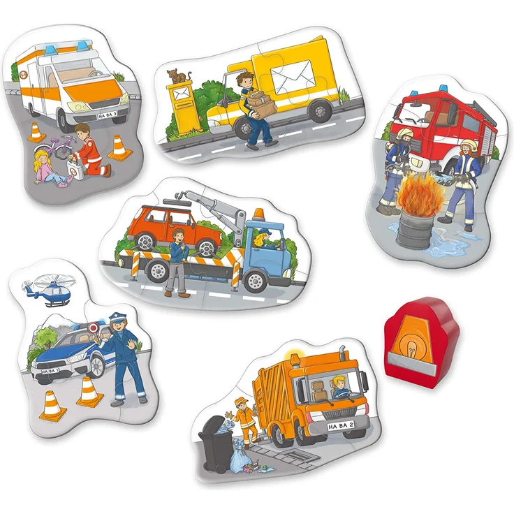 HABA 305236 - 6 erste Puzzles – Im Einsatz, Puzzles aus je vier Teilen mit Straßen-Motiven, Auto-Holzfigur zum freien Spielen, Spiel ab 2 Jahren – Bild 3