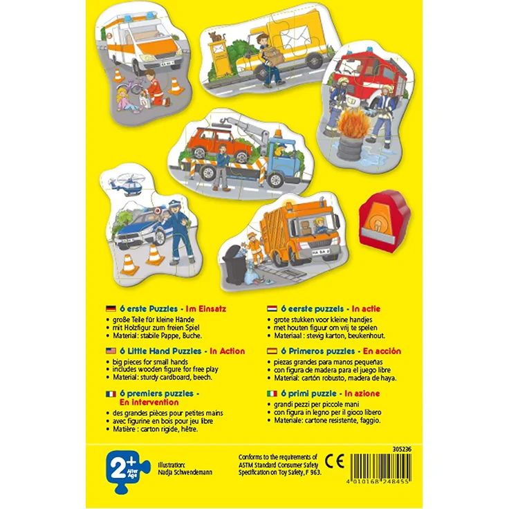 HABA 305236 - 6 erste Puzzles – Im Einsatz, Puzzles aus je vier Teilen mit Straßen-Motiven, Auto-Holzfigur zum freien Spielen, Spiel ab 2 Jahren – Bild 2