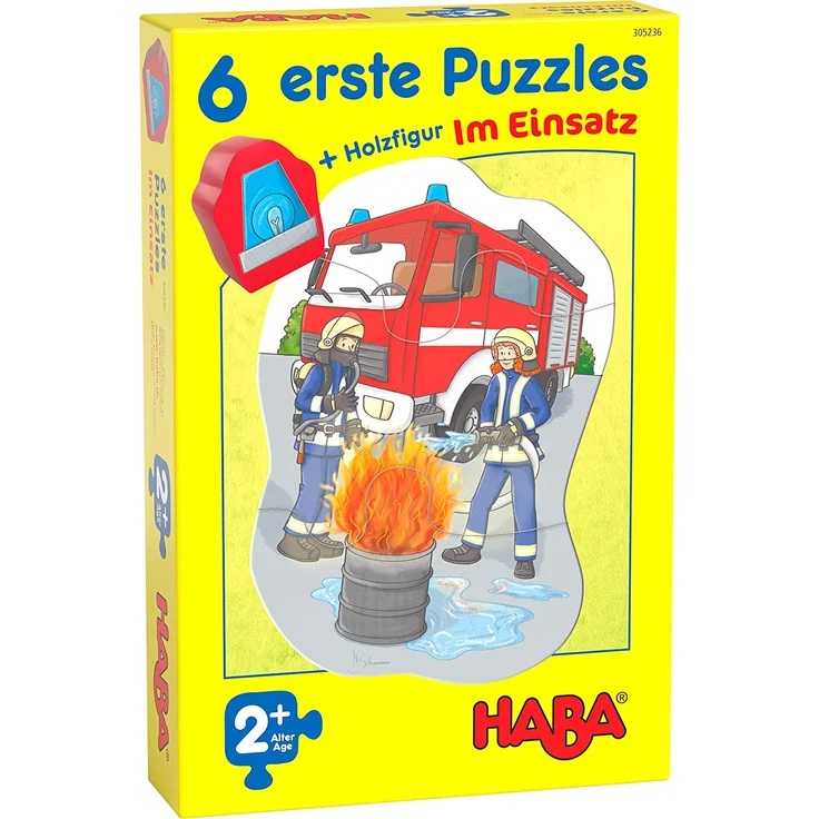 HABA 305236 - 6 erste Puzzles – Im Einsatz, Puzzles aus je vier Teilen mit Straßen-Motiven, Auto-Holzfigur zum freien Spielen, Spiel ab 2 Jahren – Bild 1