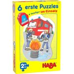 HABA 305236 - 6 erste Puzzles – Im Einsatz, Puzzles aus je vier Teilen mit Straßen-Motiven, Auto-Holzfigur zum freien Spielen, Spiel ab 2 Jahren