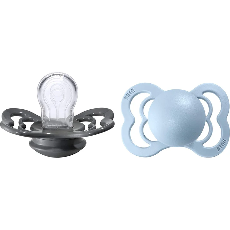 BIBS Supreme Schnuller 2er-Pack, BPA-frei, Symmetrischer Nippel. Silikon, Hergestellt in Dänemark. 0-6 Monate (2er Pack), Iron / Baby Blue – Bild 1