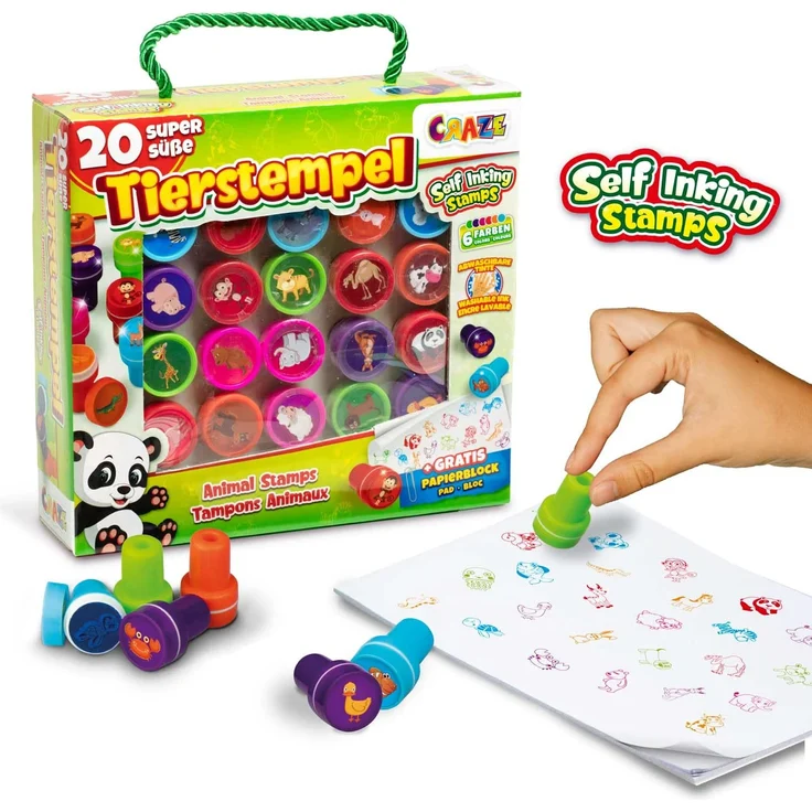 CRAZE Stempelkoffer 26 Stempel für Kinder Tiermotive Stempelset inkl. Papierblock im Koffer abwaschbar 17784 – Bild 5