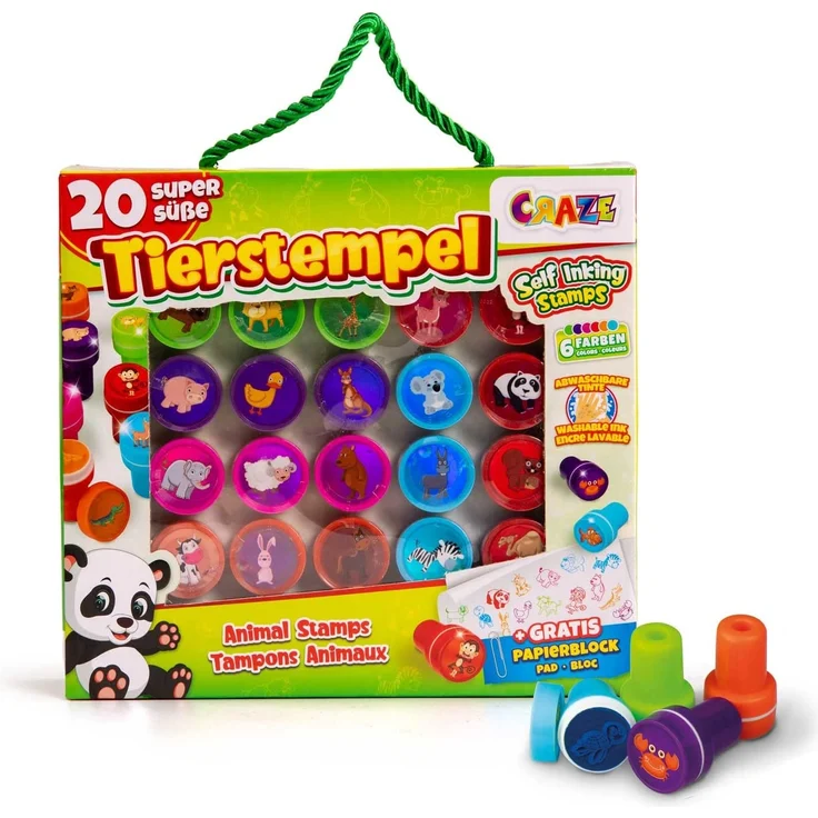 CRAZE Stempelkoffer 26 Stempel für Kinder Tiermotive Stempelset inkl. Papierblock im Koffer abwaschbar 17784 – Bild 1