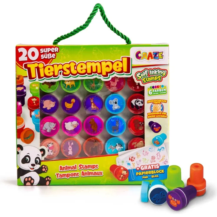 CRAZE Stempelkoffer 26 Stempel für Kinder Tiermotive Stempelset inkl. Papierblock im Koffer abwaschbar 17784