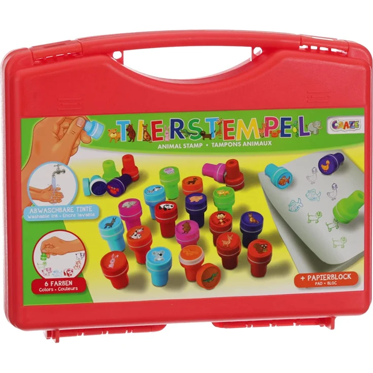 CRAZE Stempelkoffer 26 Stempel für Kinder Tiermotive Stempelset inkl. Papierblock im Koffer abwaschbar 17784 – Bild 9