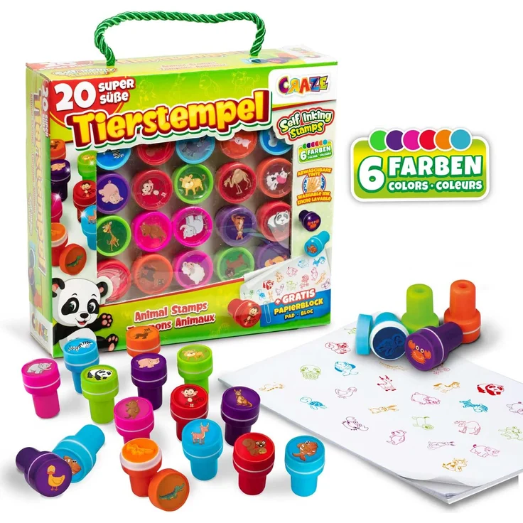 CRAZE Stempelkoffer 26 Stempel für Kinder Tiermotive Stempelset inkl. Papierblock im Koffer abwaschbar 17784 – Bild 2