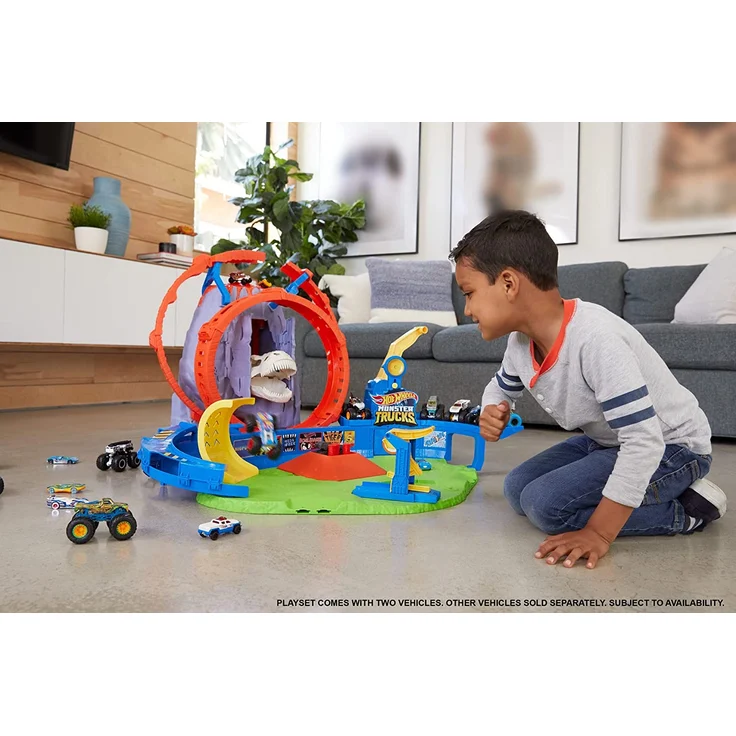 Mattel GYL14 Hot Wheels 'Monster Trucks T-Rex Vulkanarena' Rennbahn, ab 4 Jahren, enthält 2 Starter, 1 Monster Truck und 1 Auto - Preisvergleich – Bild 7