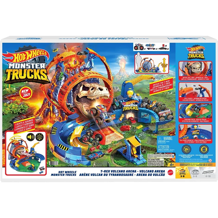 Mattel GYL14 Hot Wheels 'Monster Trucks T-Rex Vulkanarena' Rennbahn, ab 4 Jahren, enthält 2 Starter, 1 Monster Truck und 1 Auto - Preisvergleich – Bild 3