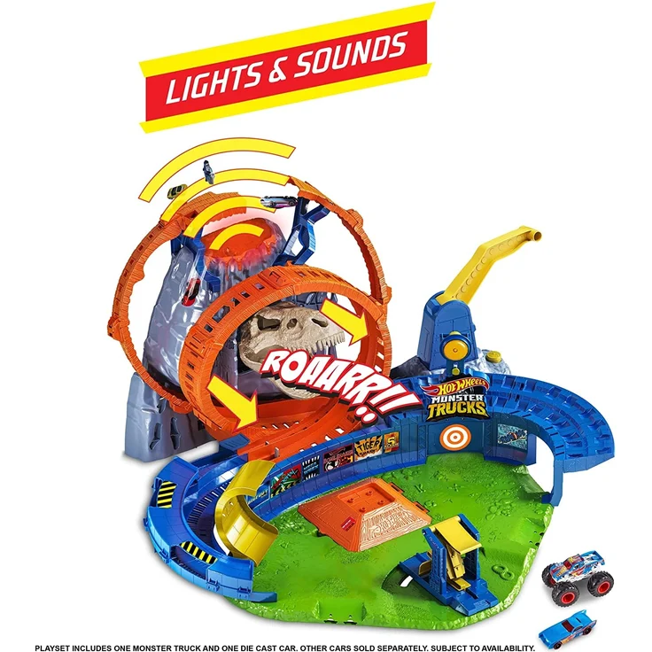 Mattel GYL14 Hot Wheels 'Monster Trucks T-Rex Vulkanarena' Rennbahn, ab 4 Jahren, enthält 2 Starter, 1 Monster Truck und 1 Auto - Preisvergleich – Bild 2