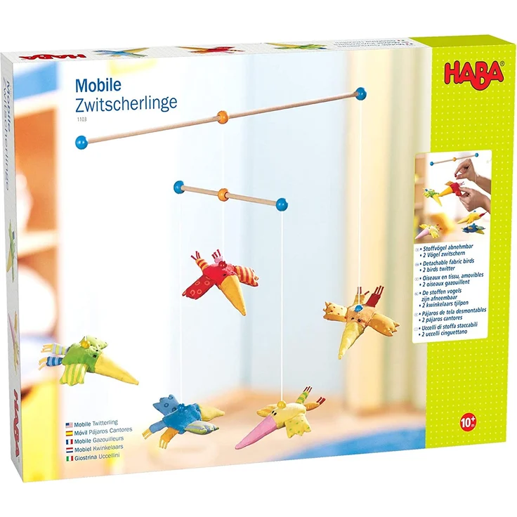 HABA 1103 Mobile Zwitscherlinge, Baby-Mobile zum Aufhängen mit 5 abnehmbaren Vögeln aus Stoff und gelber Sonne, Baby-Spielzeug ab 6 Monaten – Bild 6