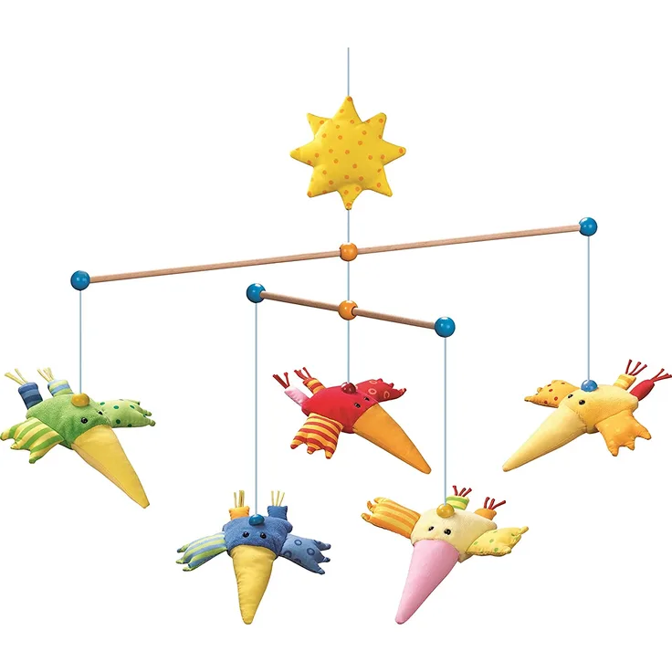 HABA 1103 Mobile Zwitscherlinge, Baby-Mobile zum Aufhängen mit 5 abnehmbaren Vögeln aus Stoff und gelber Sonne, Baby-Spielzeug ab 6 Monaten