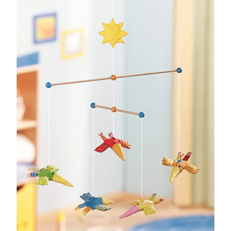 HABA 1103 Mobile Zwitscherlinge, Baby-Mobile zum Aufhängen mit 5 abnehmbaren Vögeln aus Stoff und gelber Sonne, Baby-Spielzeug ab 6 Monaten – Bild 3