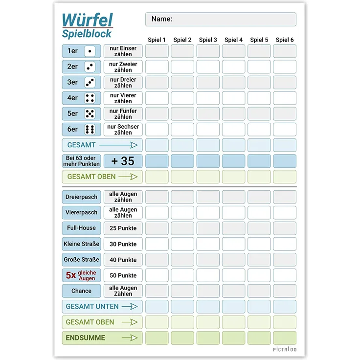 Würfelspiel Block DIN A5, gut lesbar und übersichtlich gestaltet, moderner Ersatzblock, Spielblock groß, auch für Senioren und Kinder geeignet, Würfel Spiel Set, Familienspiel (blau)