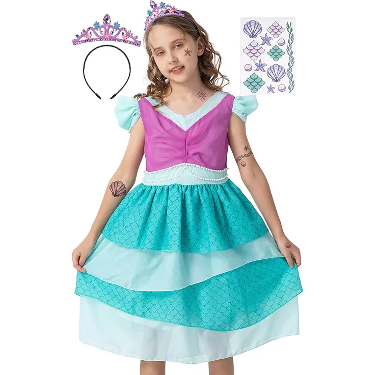 corimori – Meerjungfrau Anemona, tolles Kleid für Mädchen, Verkleidung mit Haarband und Zubehör zu Fasching, Kinder-Kostüm, Karnevals-Kleid, türkis, Größe 122/128