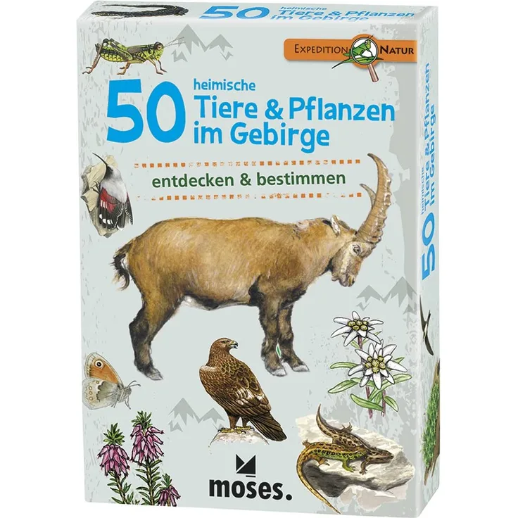 moses. Expedition Natur - 50 heimische Tiere und Pflanzen im Gebirge| Bestimmungskarten im Set | Mit spannenden Quizfragen