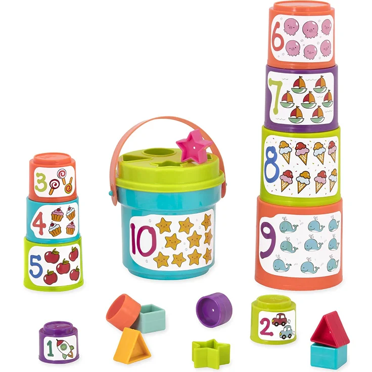 Battat – Stapelbecher zum Sortieren mit Zahlen und Formen – Formensortierspiel und Stapeln für Kinder und Babys ab 18 Monaten (19 Teile) – Bild 1