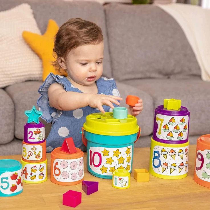 Battat – Stapelbecher zum Sortieren mit Zahlen und Formen – Formensortierspiel und Stapeln für Kinder und Babys ab 18 Monaten (19 Teile) – Bild 7