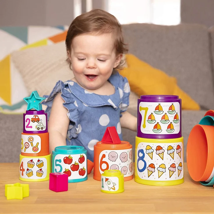 Battat – Stapelbecher zum Sortieren mit Zahlen und Formen – Formensortierspiel und Stapeln für Kinder und Babys ab 18 Monaten (19 Teile) – Bild 3