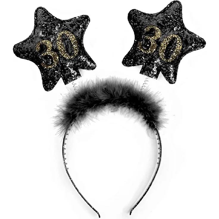 PartyDeco Stirnband mit Sternen und gedruckten Zahlen 30 Schwarz mit Fell Haarband für 30. Geburtstag Runde Geburtstag Gadgets Geburtstagsgeschenk Haarschmuck