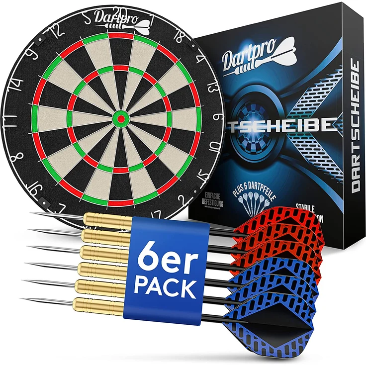 DartPro Dartscheibe mit Pfeilen - Profi Steeldartscheibe aus hochwertigstem Sisal - Dartboard inkl. Montageset -Dart Scheibe mit 6 Gratis Dartpfeilen – Bild 1