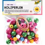 folia 2297 - Bunte Holzperlen, rund, 84 Stück, bunt sortiert, mit 2 Schnüren zum Erstellen farbenfroher Ketten und Armbänder