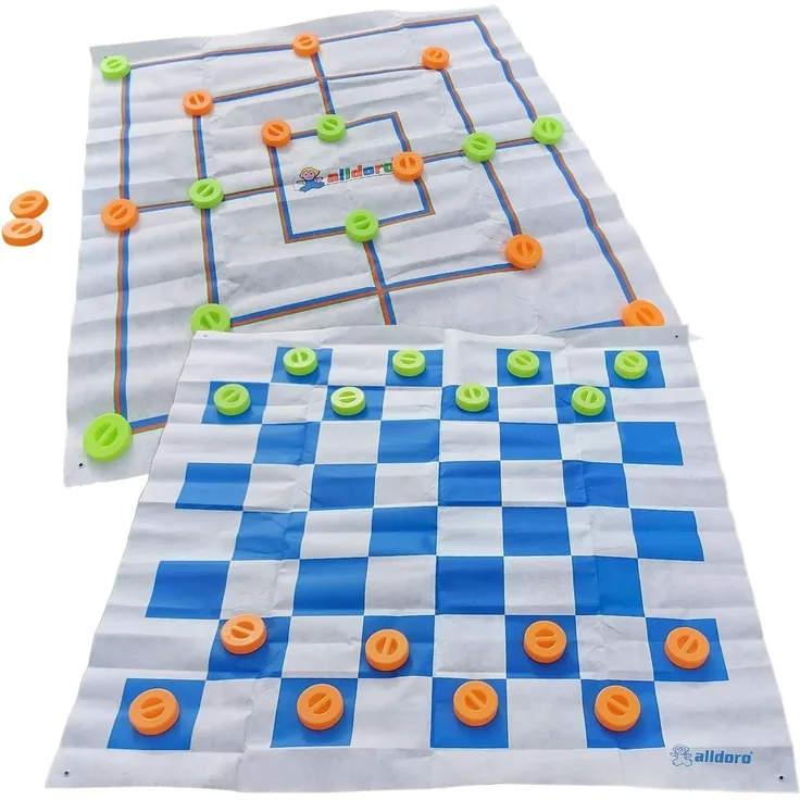 alldoro 60063 - XXL Mühle und Dame Spiel mit Tragetasche, 2 in 1 Outdoor Brettspiel mit 24 Spielsteinen mit Griff, 2 große Spielmatten ca. 158x158 cm, Gartenspiel für Kinder ab 3 Jahre und Erwachsene
