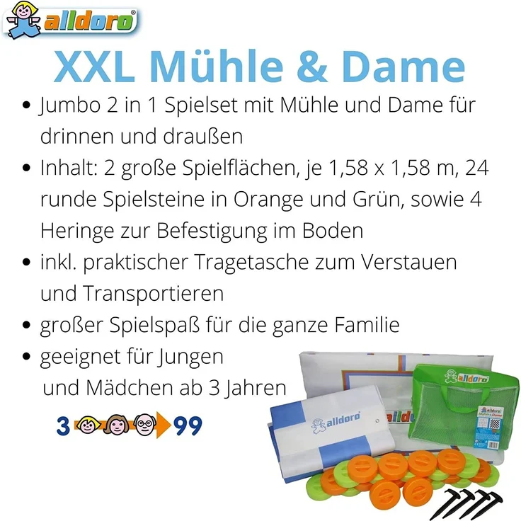alldoro 60063 - XXL Mühle und Dame Spiel mit Tragetasche, 2 in 1 Outdoor Brettspiel mit 24 Spielsteinen mit Griff, 2 große Spielmatten ca. 158x158 cm, Gartenspiel für Kinder ab 3 Jahre und Erwachsene – Bild 3
