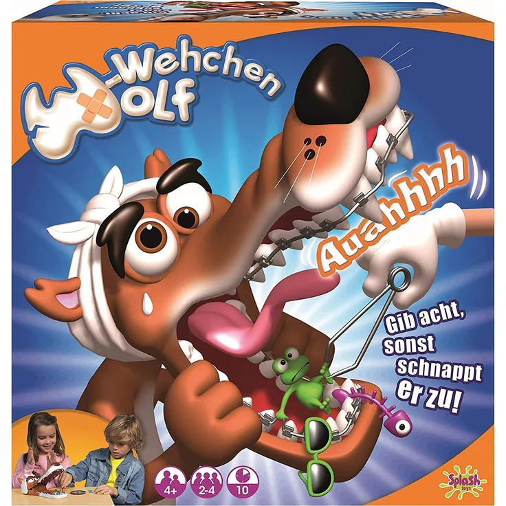 Splash Toys 30182 - Geschicklichkeitsspiel W - Wehchen Wolf, Kinderspiel mit großem Wolfsmaul, das Geräusche macht, ideal für 2 - 4 Kinder ab 5 Jahre, die gerne Tierarzt spielen