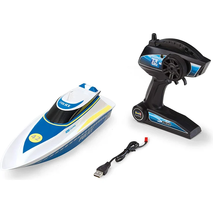 Revell Control 24138 RC Polizeiboot, mit wasserdichter Elektronik und integriertem LI-Ion-Akku Ferngesteuertes Boot, weiß/blau – Bild 7