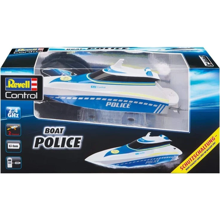 Revell Control 24138 RC Polizeiboot, mit wasserdichter Elektronik und integriertem LI-Ion-Akku Ferngesteuertes Boot, weiß/blau – Bild 2