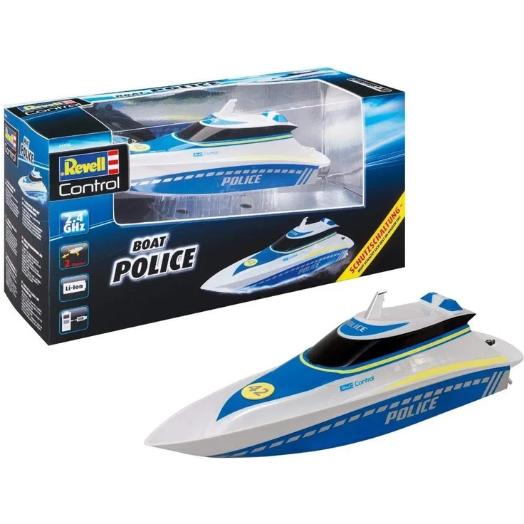 Revell Control 24138 RC Polizeiboot, mit wasserdichter Elektronik und integriertem LI-Ion-Akku Ferngesteuertes Boot, weiß/blau – Bild 1