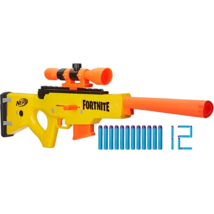 Nerf 'Fortnite BASR-L' Blaster, ab 8 Jahren, mit Bolzen-Action, Clip-Magazin, enthält abnehmbares Fernrohr, 6-Dart Clip-Magazin, 12 Nerf Elite Darts, gelb/orange