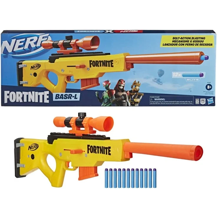 Nerf 'Fortnite BASR-L' Blaster, ab 8 Jahren, mit Bolzen-Action, Clip-Magazin, enthält abnehmbares Fernrohr, 6-Dart Clip-Magazin, 12 Nerf Elite Darts, gelb/orange – Bild 6