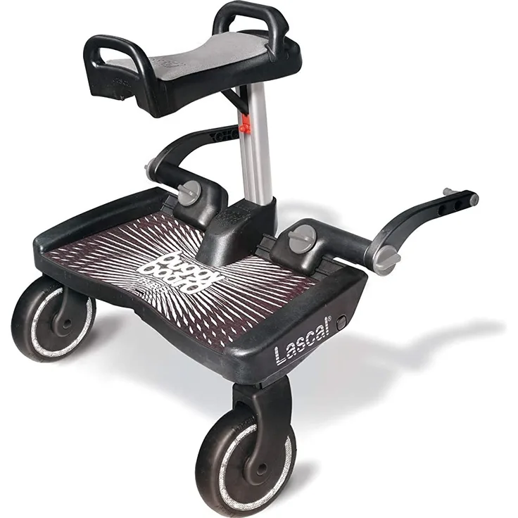 Lascal BuggyBoard Maxi+, Kinderbuggy Trittbrett mit großer Stehfläche und Saddle, Kinderwagen Zubehör für Kinder von 2-6 Jahren (22 kg), kompatibel mit fast jedem Buggy und Kinderwagen, schwarz