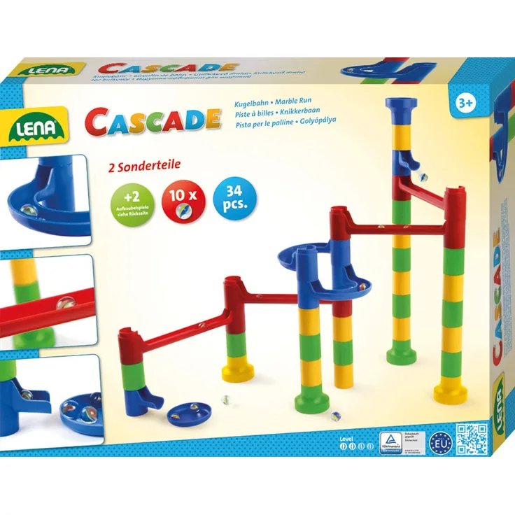 Lena 65289 Cascade Kugelbahn Curve, Murmelbahn zum Zusammenbauen, Baukasten mit 32 Bahnelementen, 2 Kurventeilen und 10 Glasmurmeln, Motorik und Konstruktionsspielzeug für Kinder ab 3 Jahre, bunt