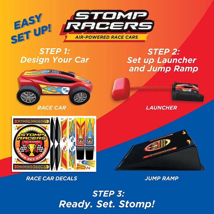 Stomp Rocket Stomp Racers Spielzeug Auto Abschussrampe, 1 druckluftbetriebenes Auto für Rennen und Sprung Stunts mit Abschussrampe und Sprungschanze - ideal für Outdoor- und Indoor – Bild 2