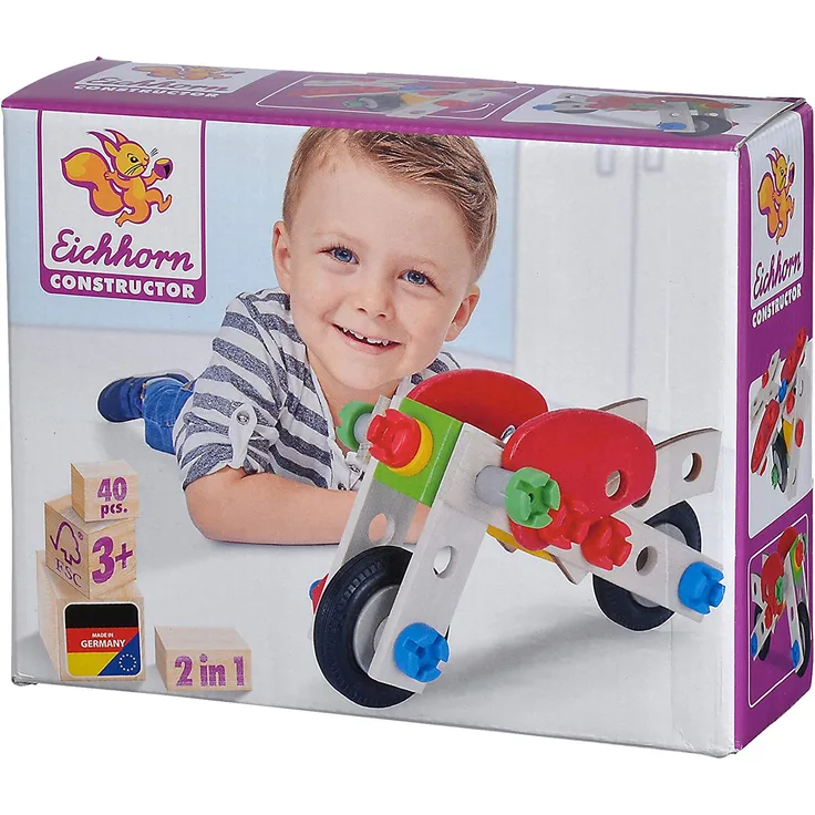 Eichhorn 100039012 - Constructor Motorrad, 40-tlg, Holz-Konstruktions-Set, 2 verschiedene Modellvarianten baubar, FSC 100% Zertifiziertes Buchenholz, Made in Germany