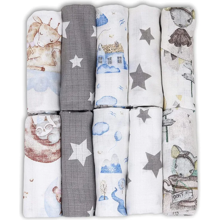 FENSILO - Mulltücher - Mullwindeln - 10er Pack 70x80 cm - Stoffwindeln, MADE IN EU, schadstoffgeprüft - Spucktücher für Jungen und Mädchen – Baby Mullwindeln - Blau, Grau - OEKO-TEX zertifiziert