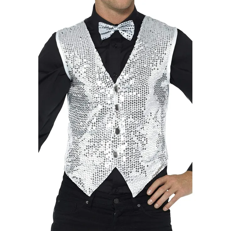 Smiffys Herren Pailletten Weste, Größe: S, Silber, 42938
