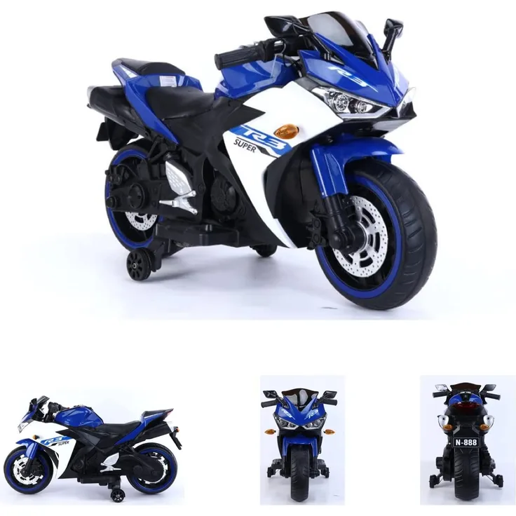 ES-Toys Kinder Elektromotorrad 888 Musikfunktion, Stützräder, LED-Scheinwerfer blau