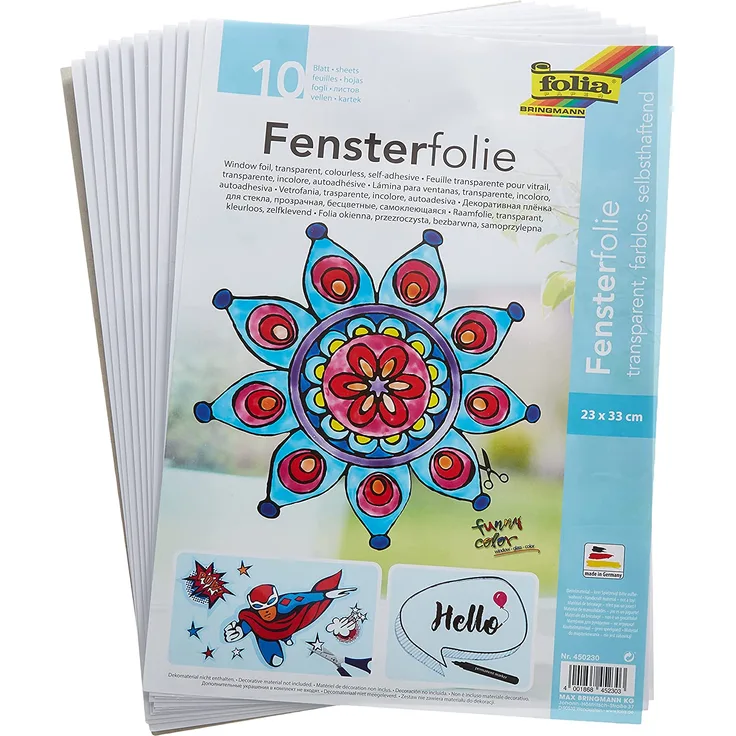 folia 450230 - Fensterfolie farblos, selbsthaftend, ca. 23 x 33 cm, 10 Bogen - ideal als Vorlagebogen für Fensterbilder, Window Color
