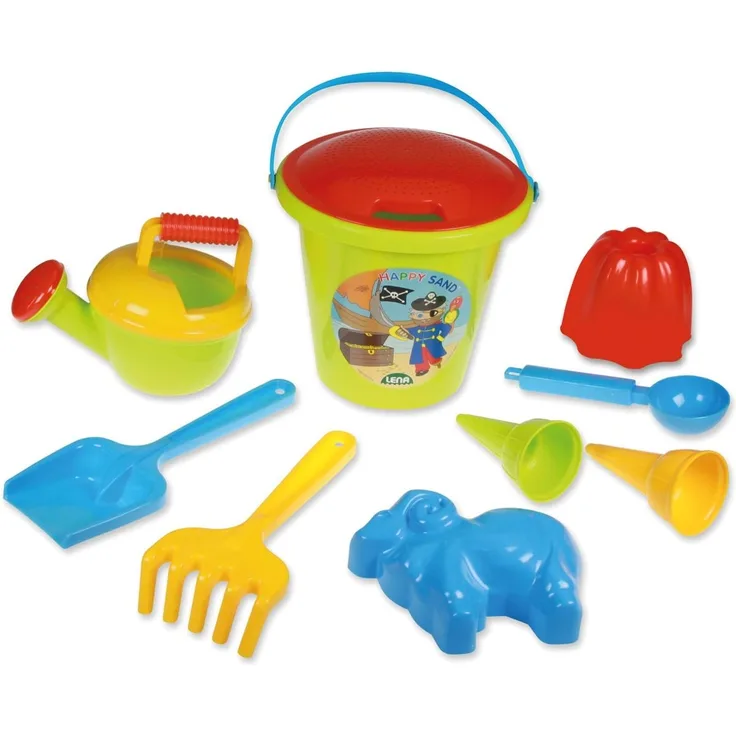 Lena 5422 Happy Sand Jungs II, Eimergarnitur 10-TLG, Sandspielzeug Set für Kinder ab 2 Jahre, Spielset mit Eimer, Sieb, Schaufel, Rechen, Gießer, Eislöffel, 2 Eistüten und 2 Förmchen, Mehrfarbig